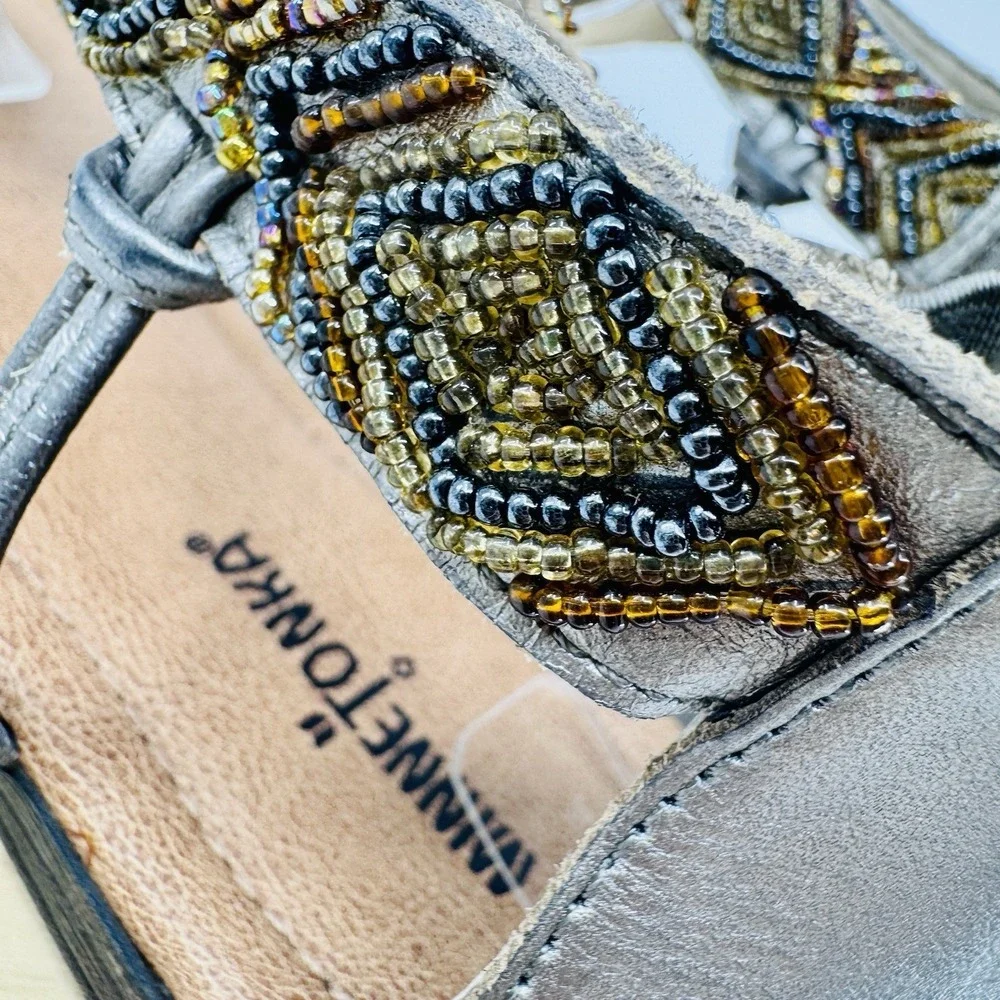 Minnetonka Antigua Sandals Womens 9 Gray Leather Beaded Ankle Strap Shoes